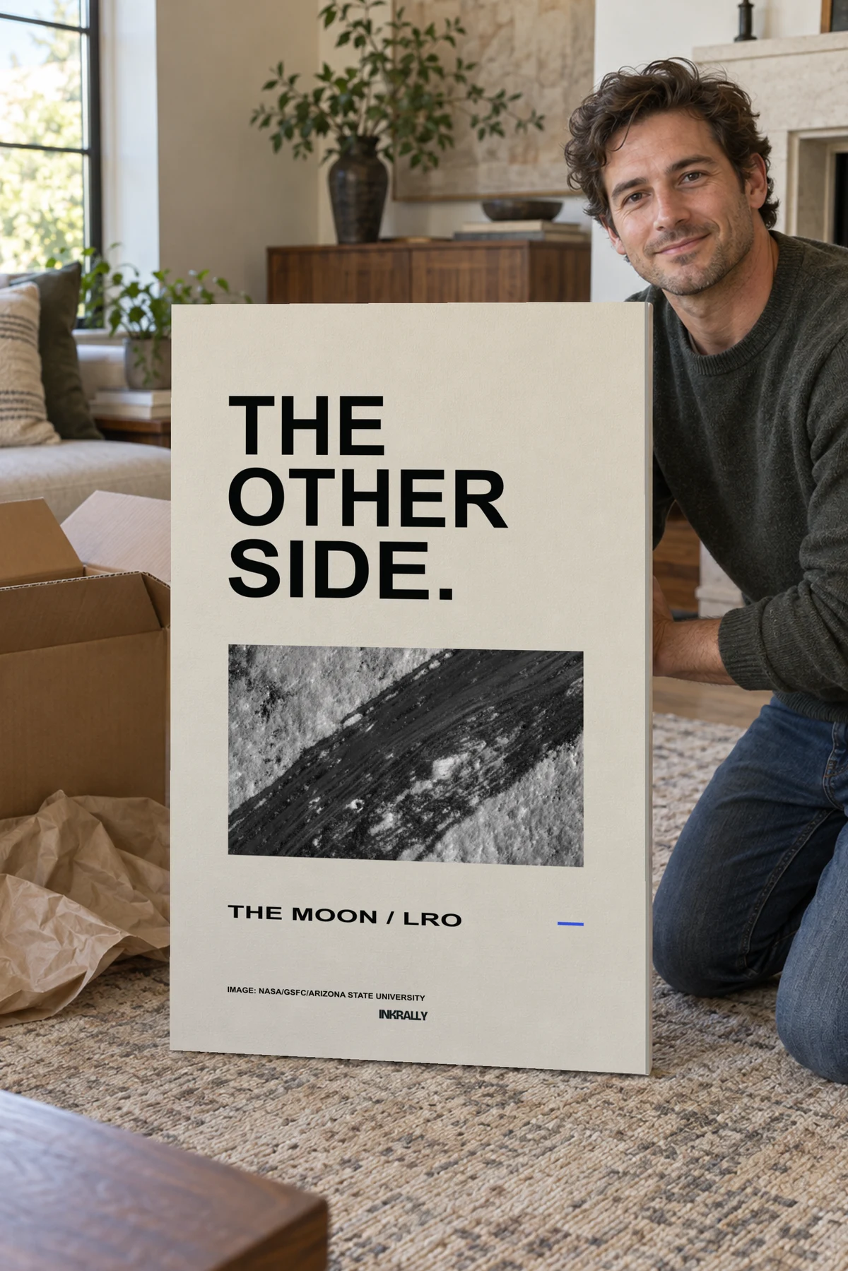 The Other Side stretched canvas shown after unpacking in a naturally lit home