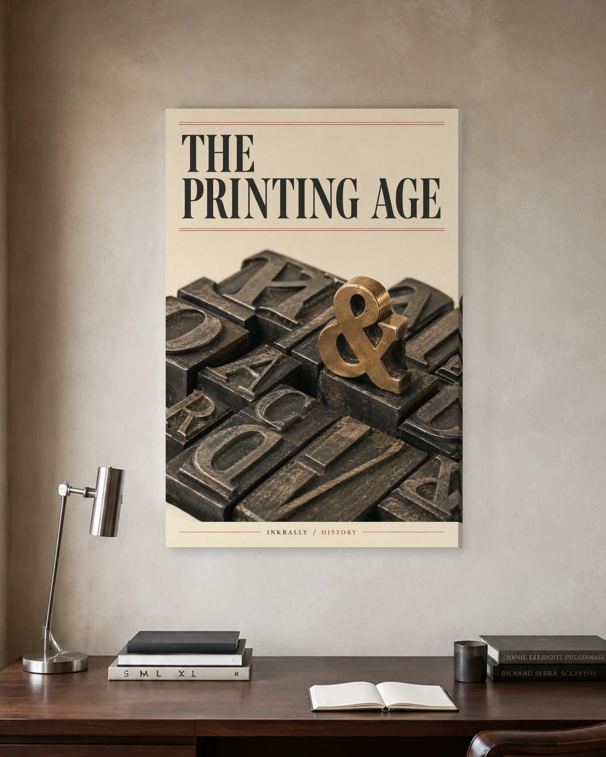 The Printing Age stretched canvas in a considered home office