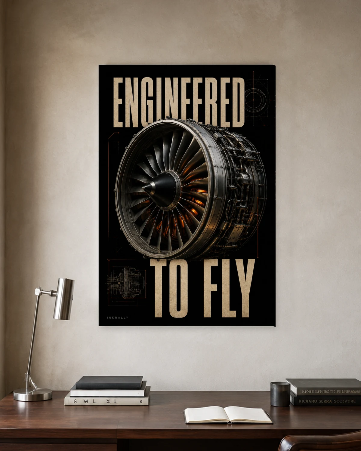 Engineered to Fly stretched canvas in a considered home office