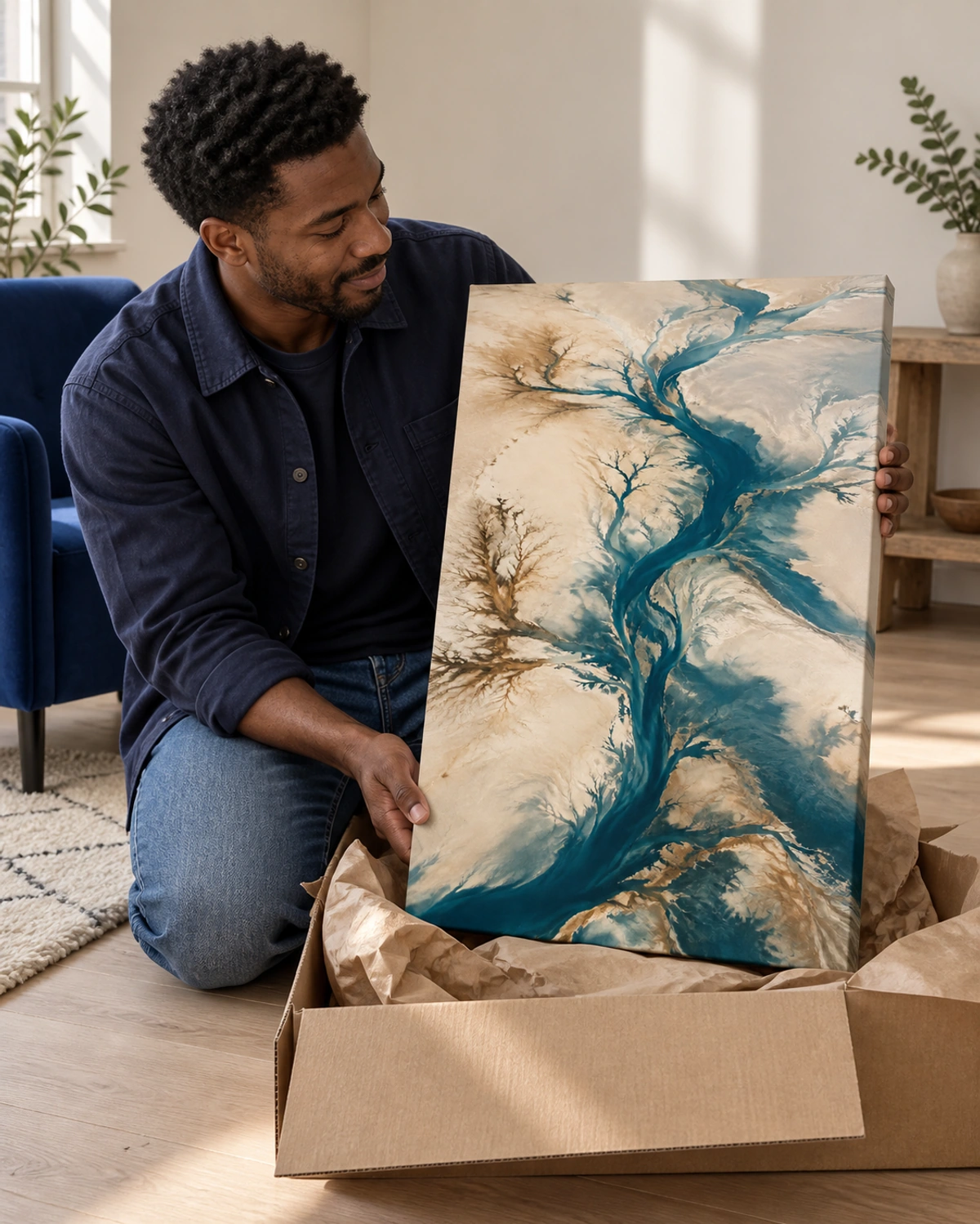 tidal memory stretched canvas being unpacked at home