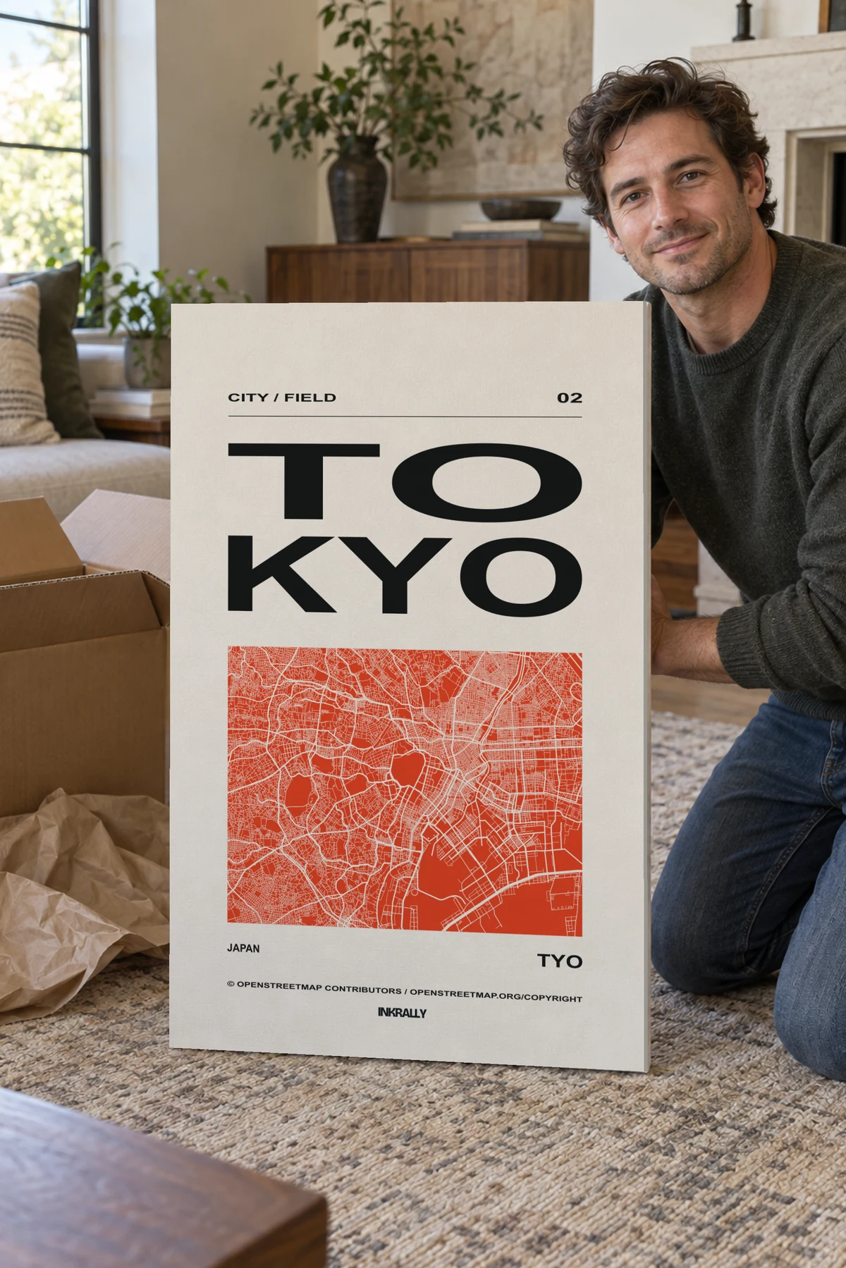 Tokyo / City Field stretched canvas shown after unpacking in a naturally lit home