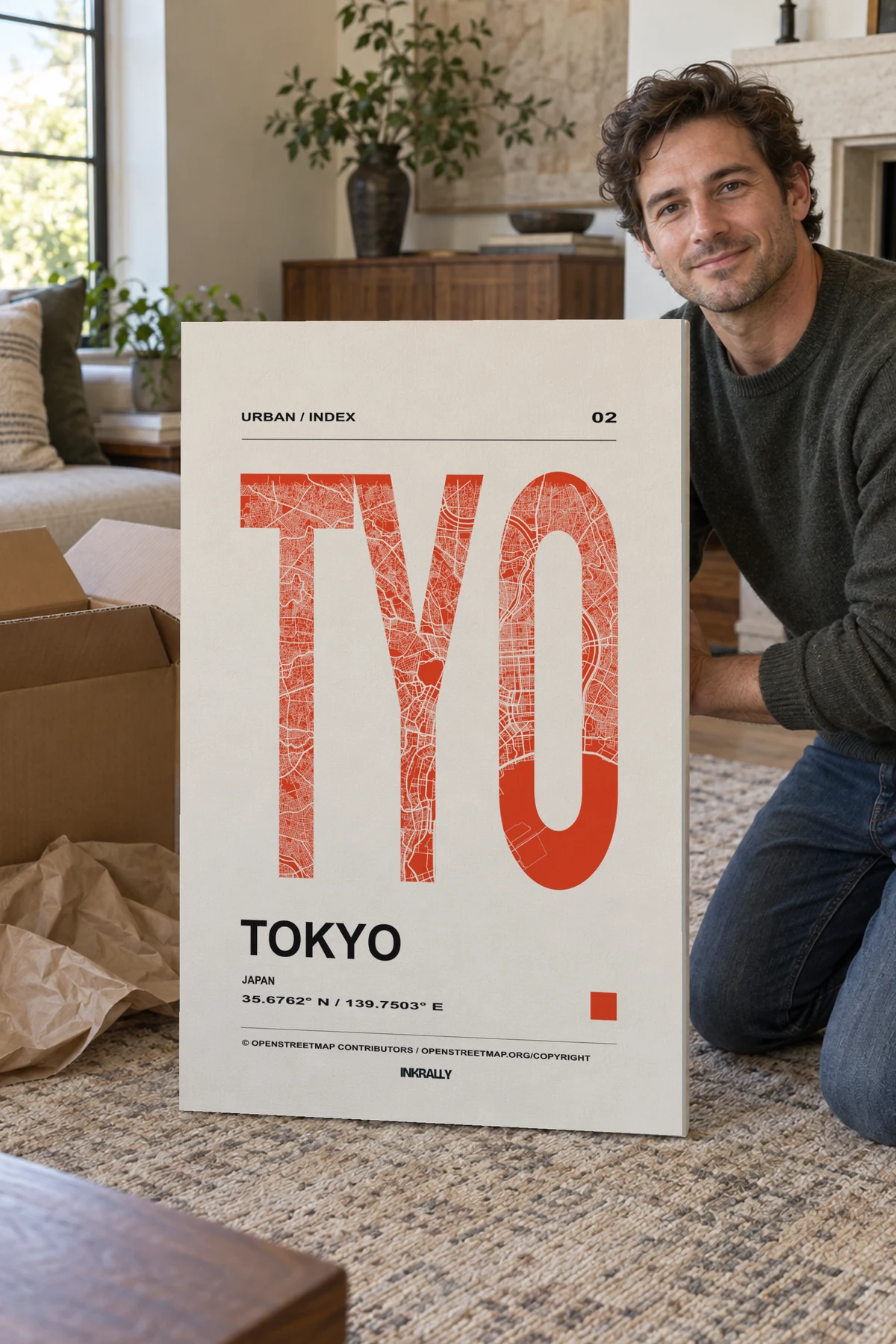 Tokyo / Urban Index stretched canvas shown after unpacking in a naturally lit home