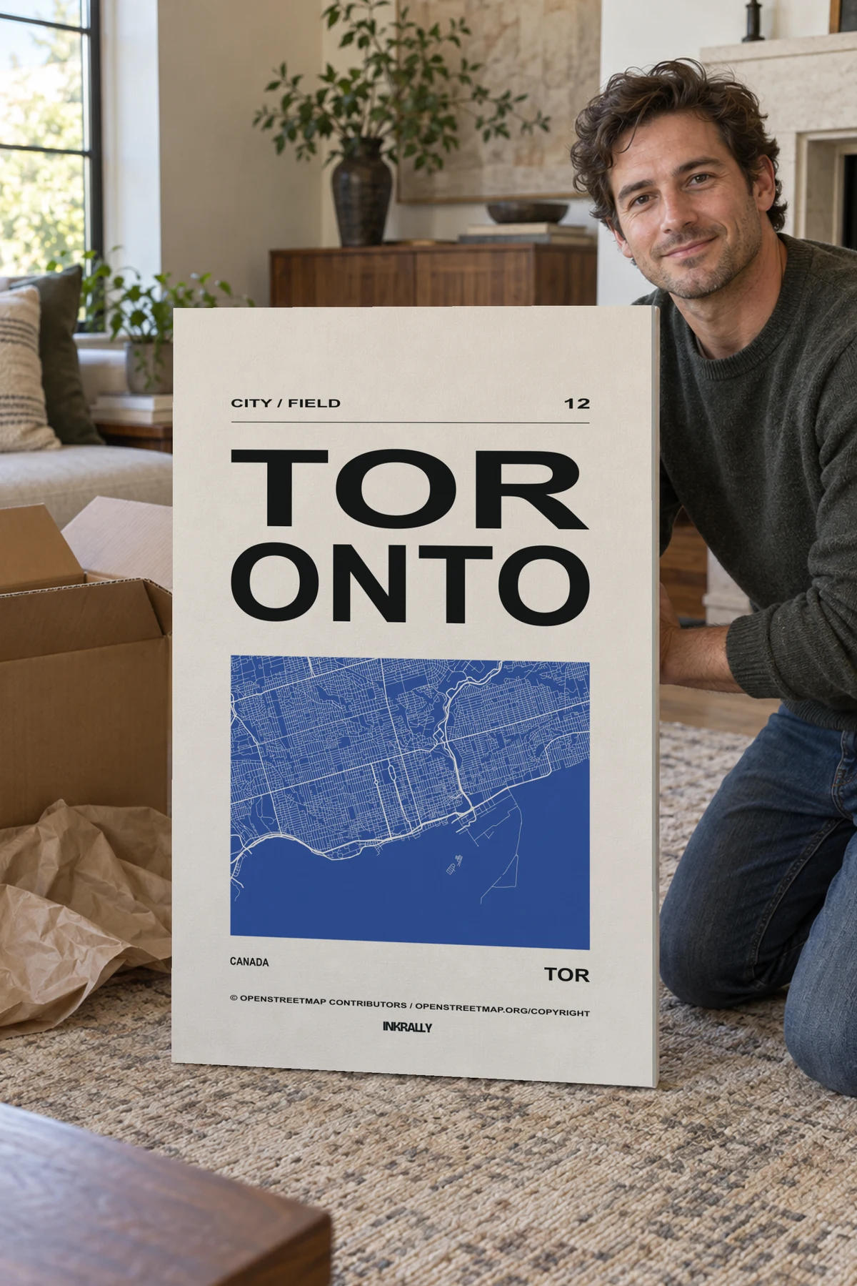 Toronto / City Field stretched canvas shown after unpacking in a naturally lit home