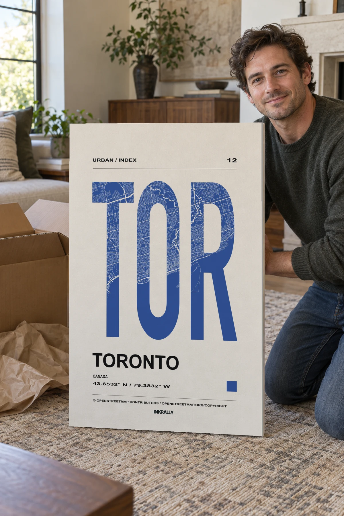 Toronto / Urban Index stretched canvas shown after unpacking in a naturally lit home