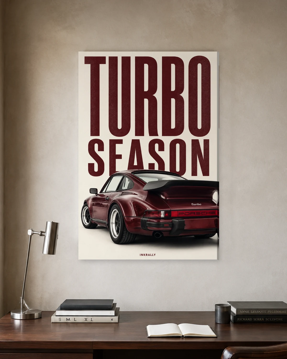 Turbo Season stretched canvas in a considered home office