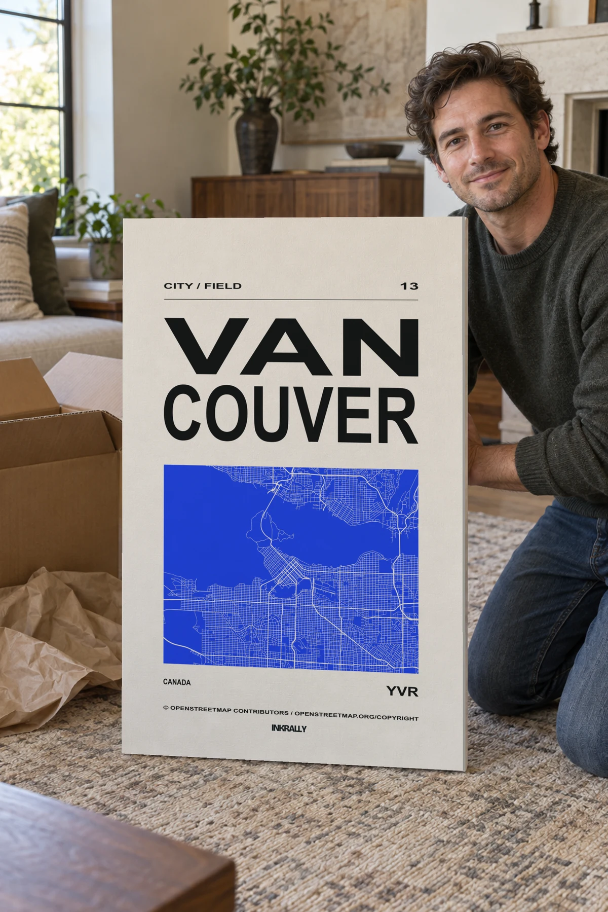 Vancouver / City Field stretched canvas shown after unpacking in a naturally lit home
