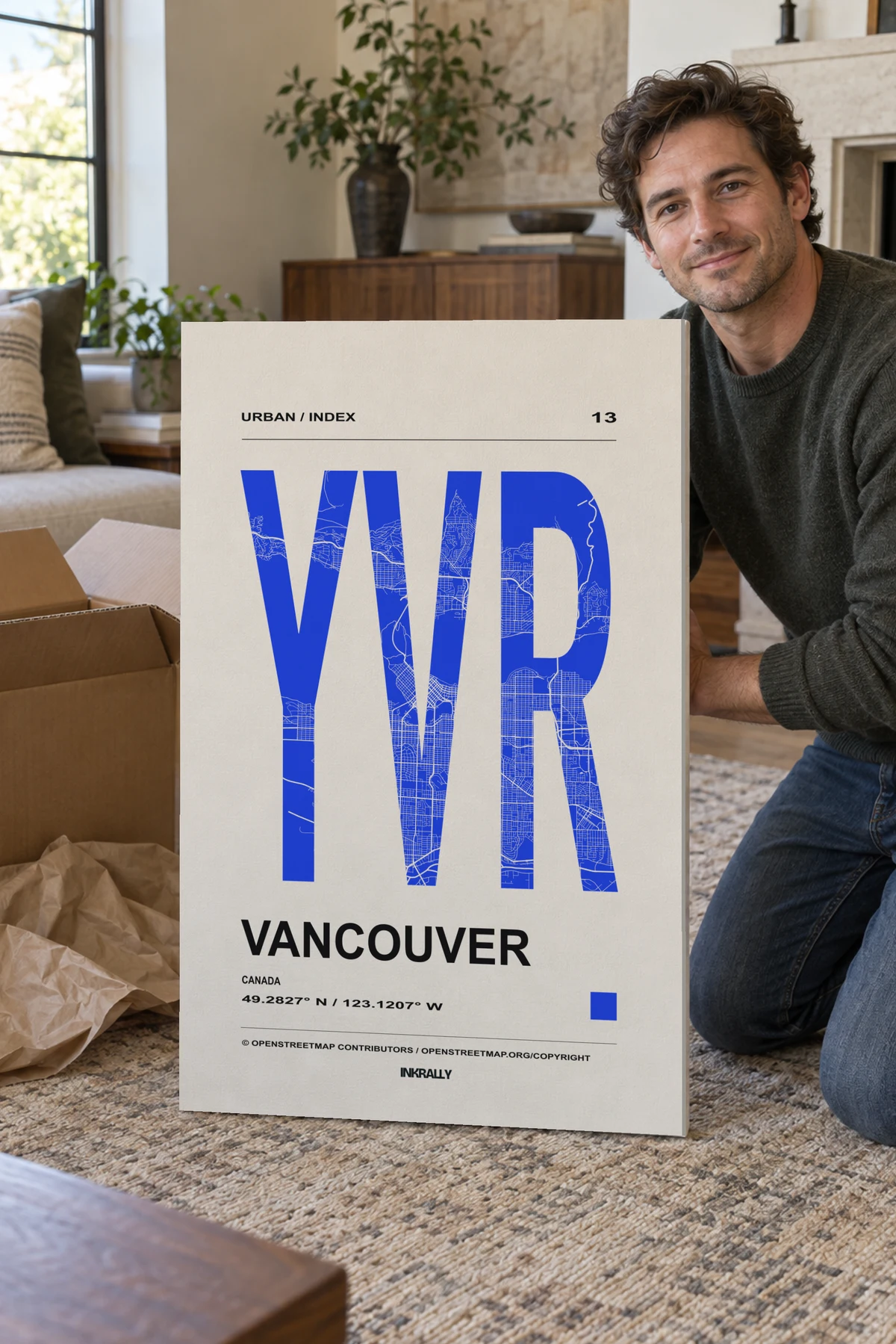 Vancouver / Urban Index stretched canvas shown after unpacking in a naturally lit home