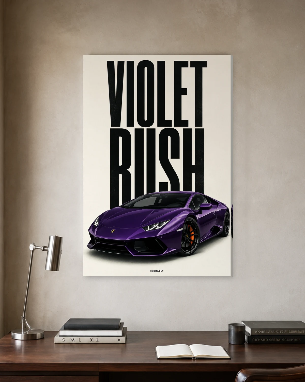 Violet Rush stretched canvas in a considered home office