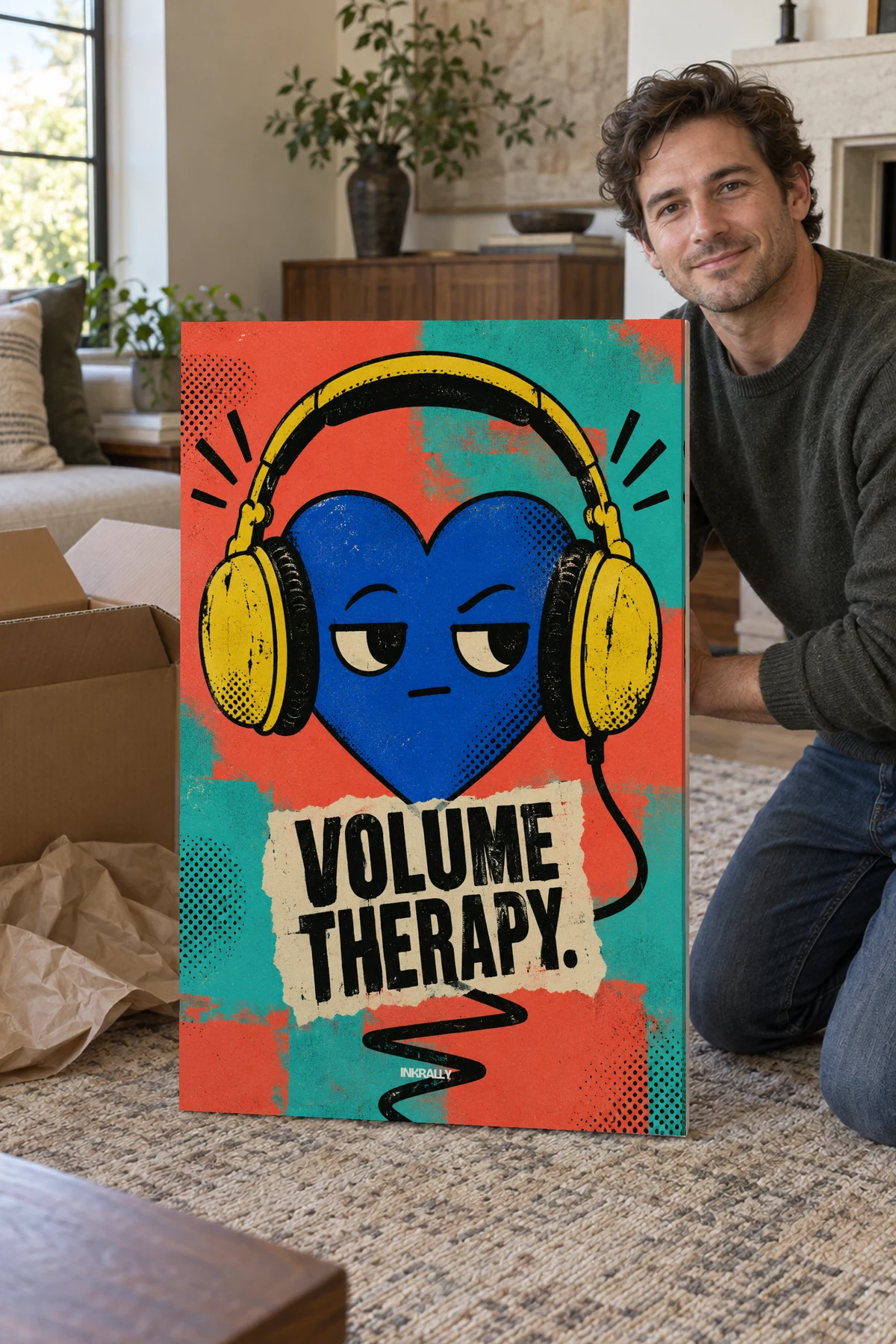 Volume Therapy stretched canvas shown after unpacking in a naturally lit home